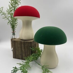 Garden Decor Mushrooms-Ceramic‎ Mushroom/Velvet Top/Set Of 2/ Red & Green